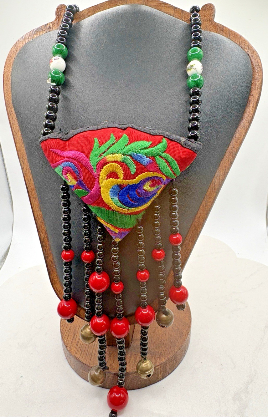 Handmade Red Ethnic Textile Necklace Onyx jade Red Hand Painted Beads Bells 20"